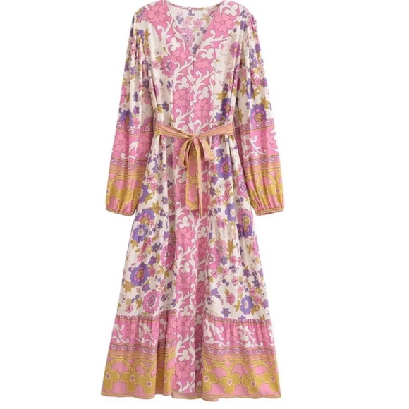 oho Floral Print V neck Button Down Belted Dress - Picture 3 of 7